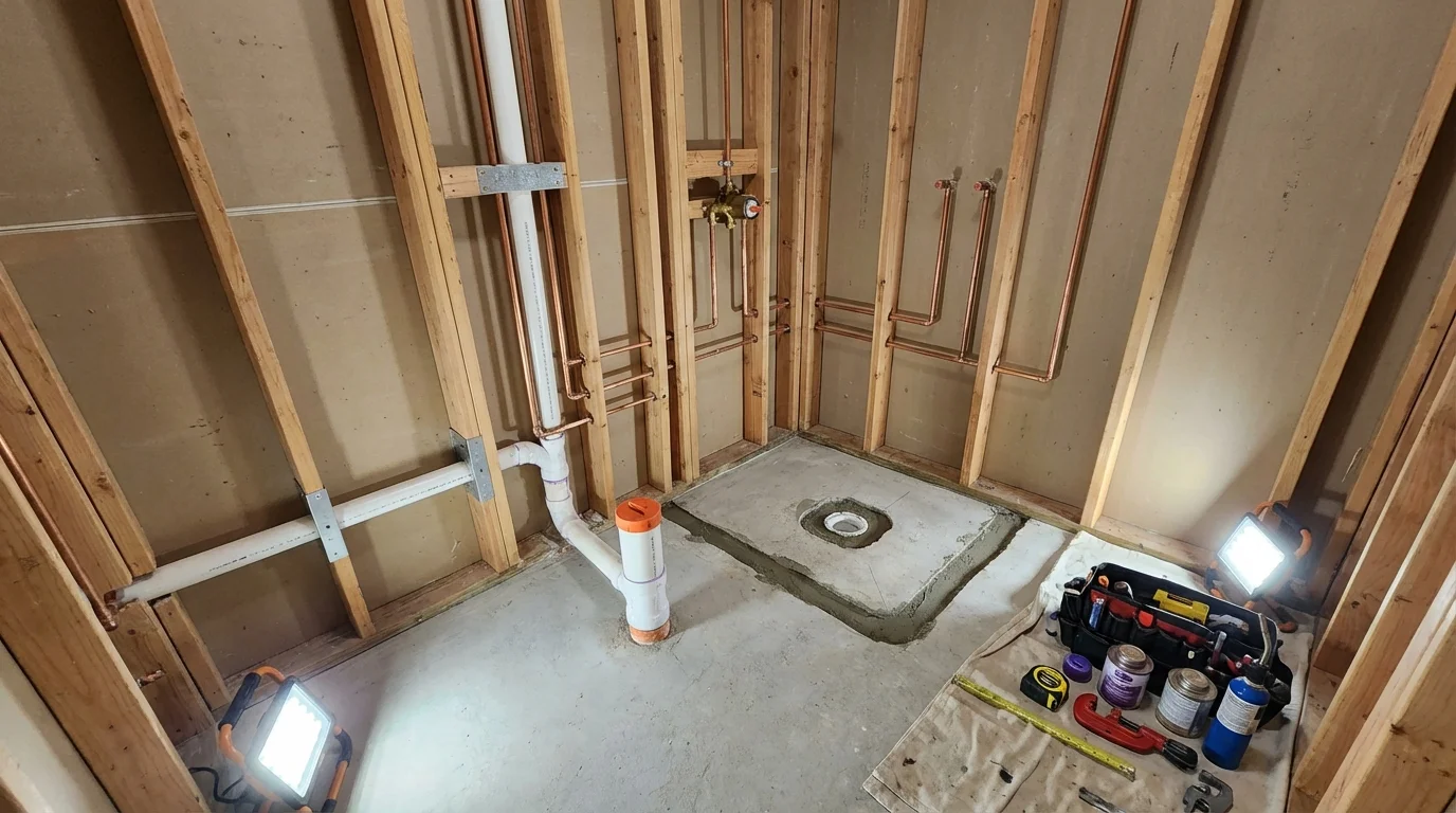 Bathroom rough-in plumbing during remodel by Johns Plumbing LLC in Kenosha