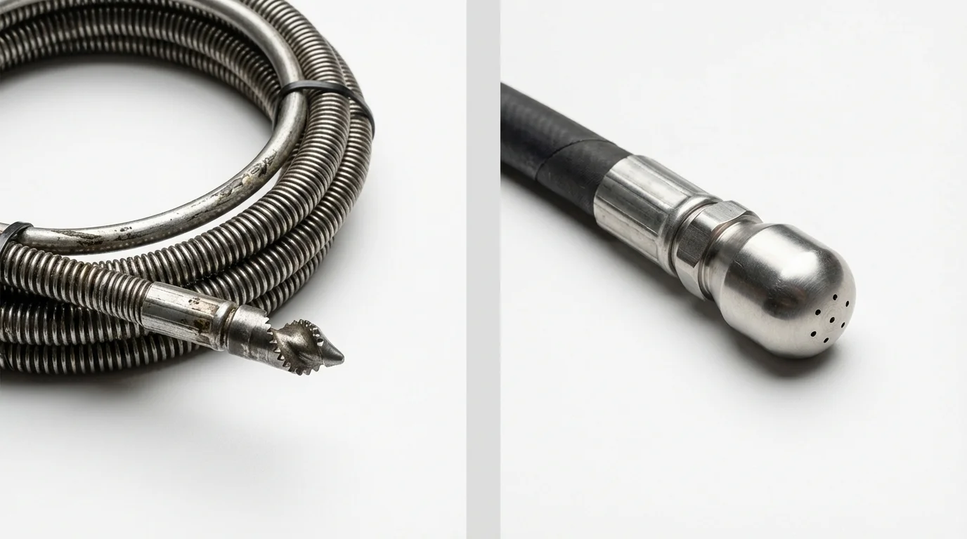 Drain snake cable and hydro jetting nozzle used for drain cleaning in Kenosha, WI