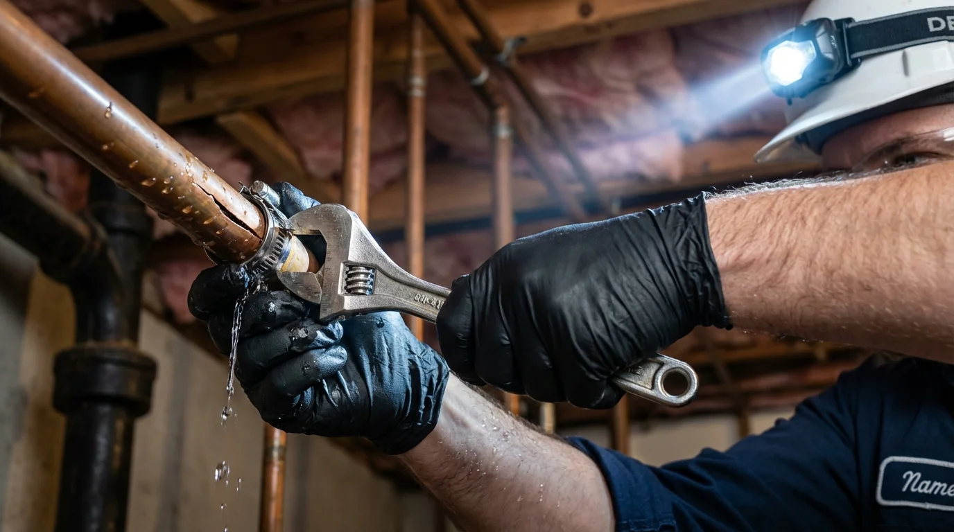 Emergency pipe clamp repair being performed by a Johns Plumbing LLC plumber in Kenosha