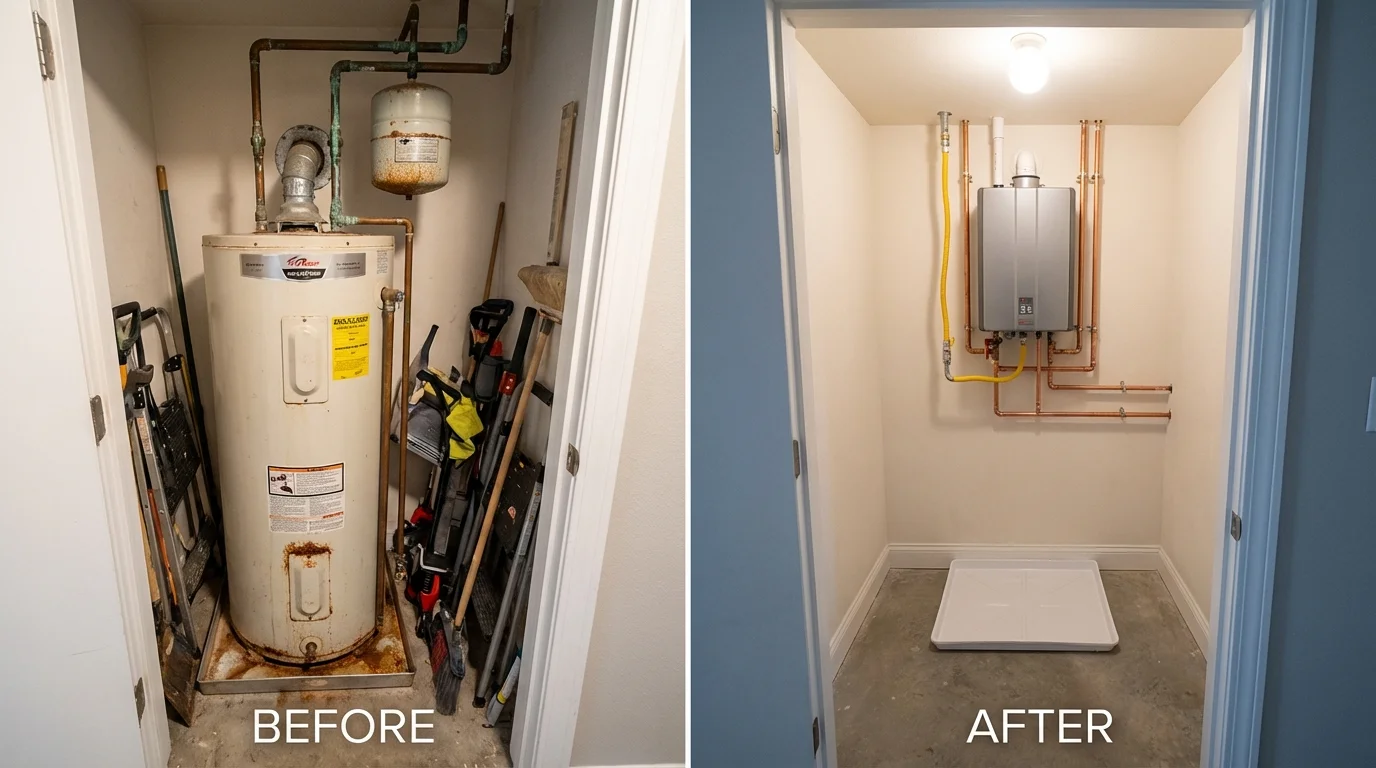 Tank water heater versus wall-mounted tankless unit comparison for Kenosha, WI homeowners