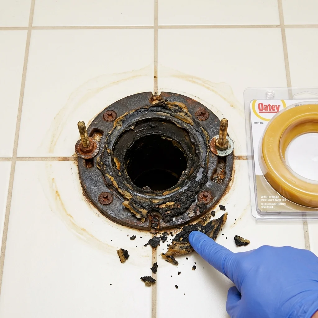 Failed wax ring showing water seepage at the base of a toilet in a Kenosha, WI home